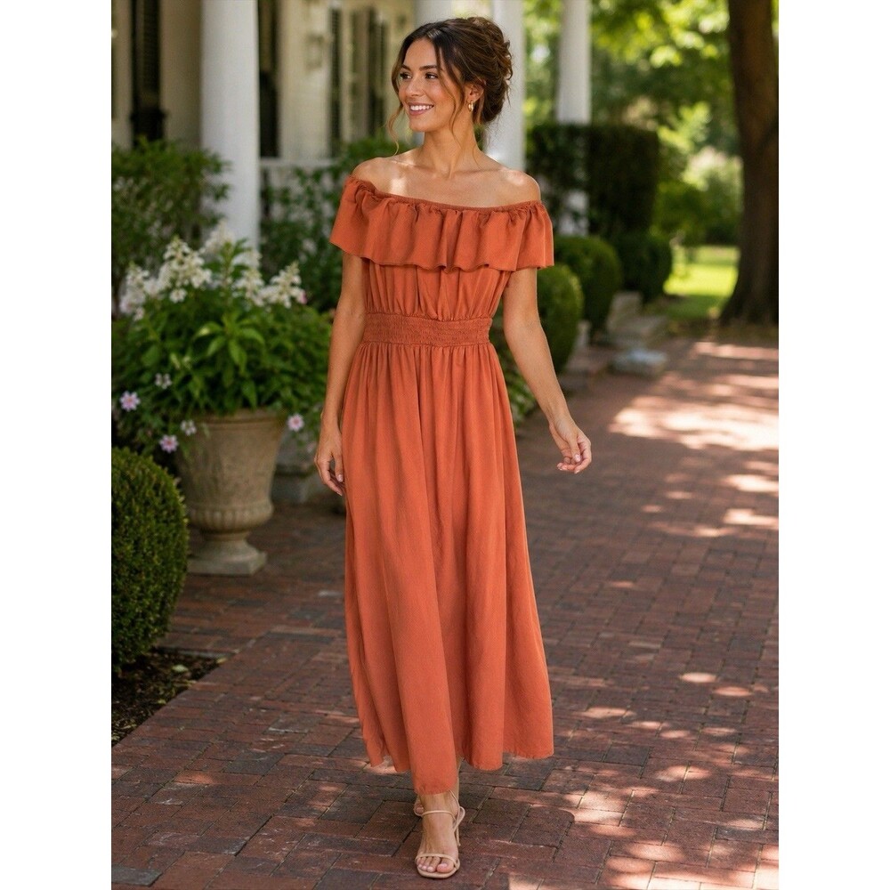 Old Navy Waist Defined Ruffled Off Shoulder Maxi Burnt Orange Dress XL Cottage